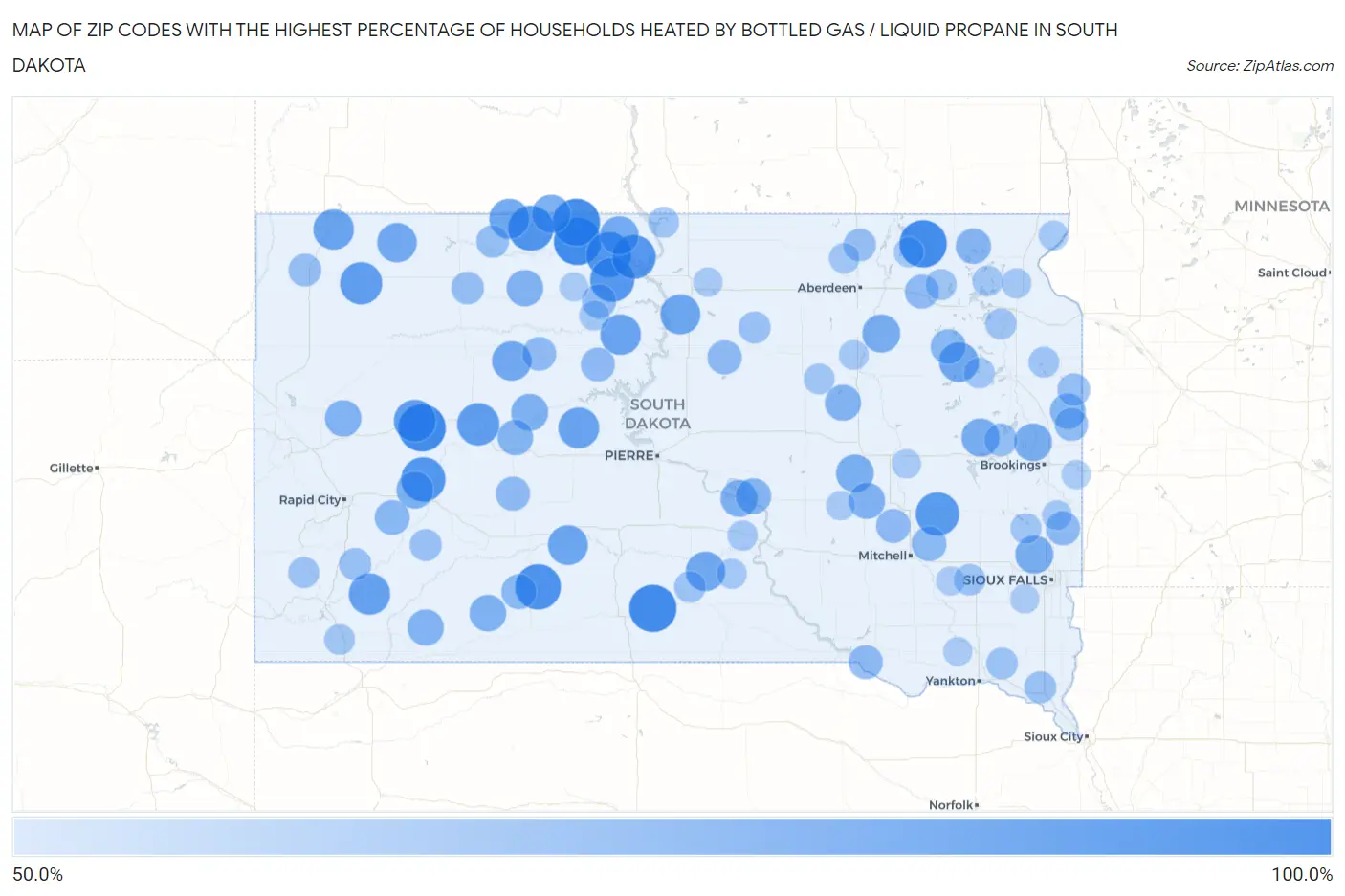 Zip Codes with the Highest Percentage of Households Heated by Bottled Gas / Liquid Propane in South Dakota Map