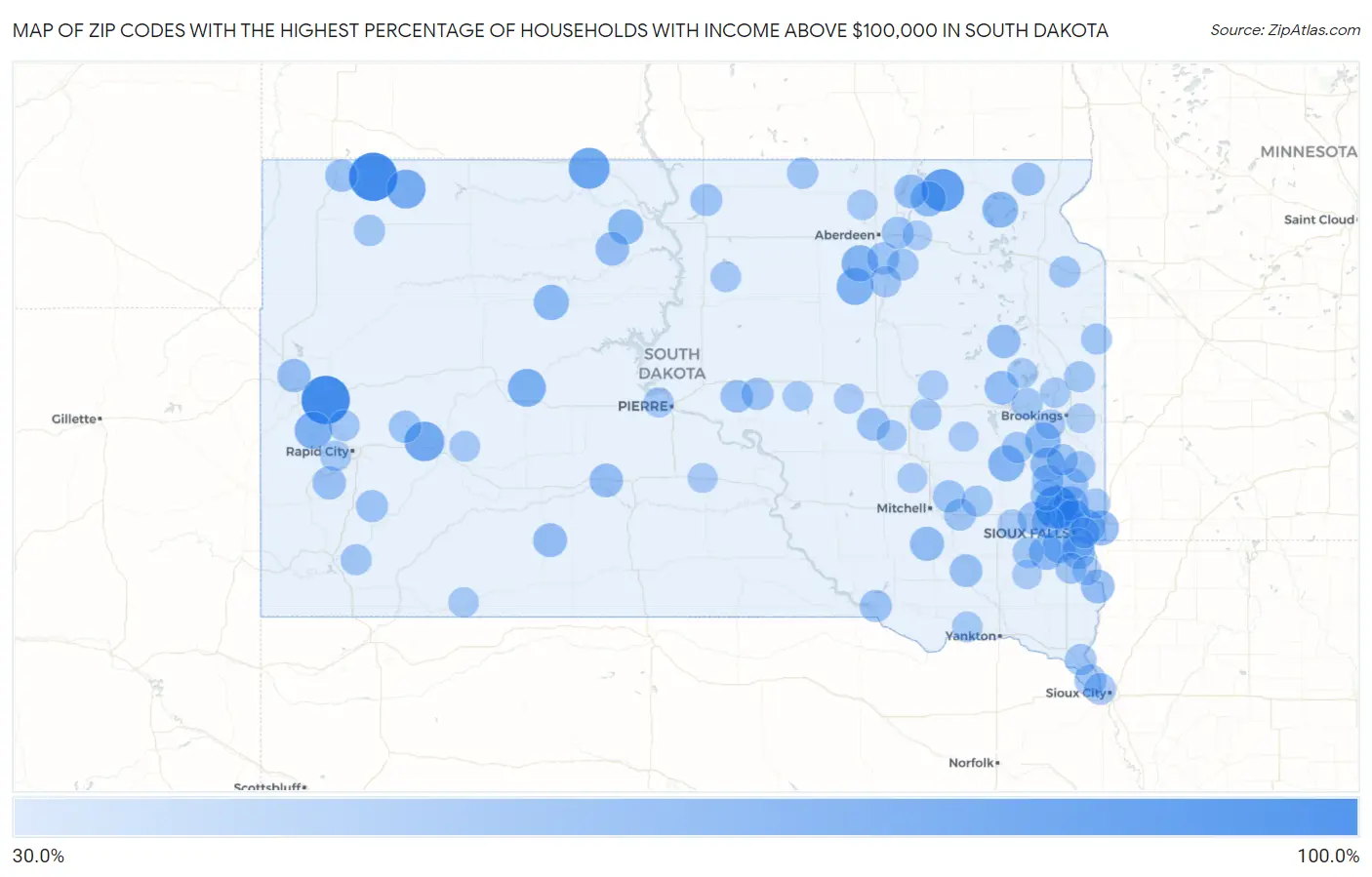 Zip Codes with the Highest Percentage of Households with Income Above $100,000 in South Dakota Map