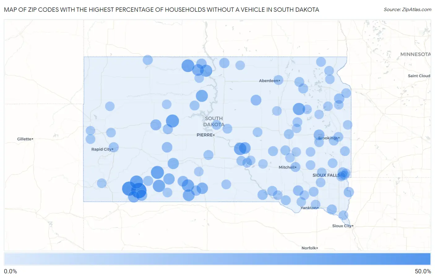 Zip Codes with the Highest Percentage of Households Without a Vehicle in South Dakota Map