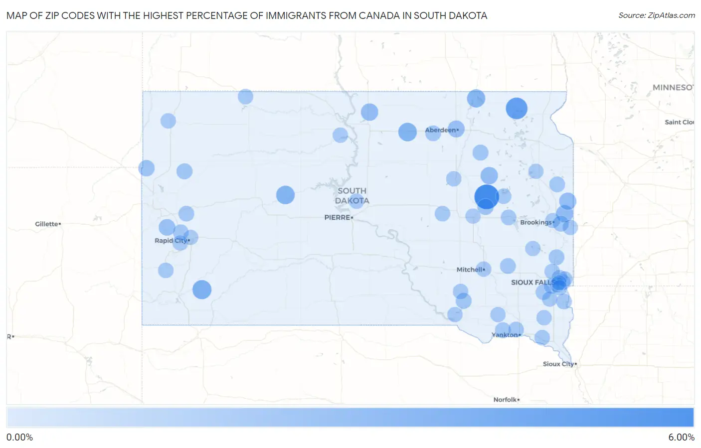 Zip Codes with the Highest Percentage of Immigrants from Canada in South Dakota Map