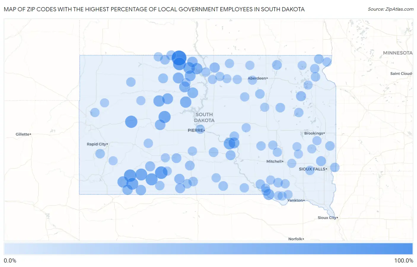 Zip Codes with the Highest Percentage of Local Government Employees in South Dakota Map