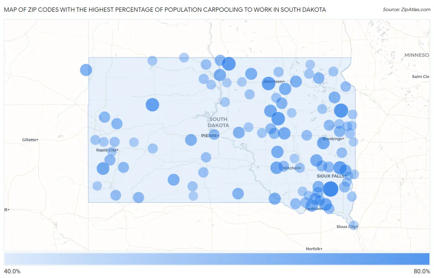Zip Codes with the Highest Percentage of Population Carpooling to Work in South Dakota Map