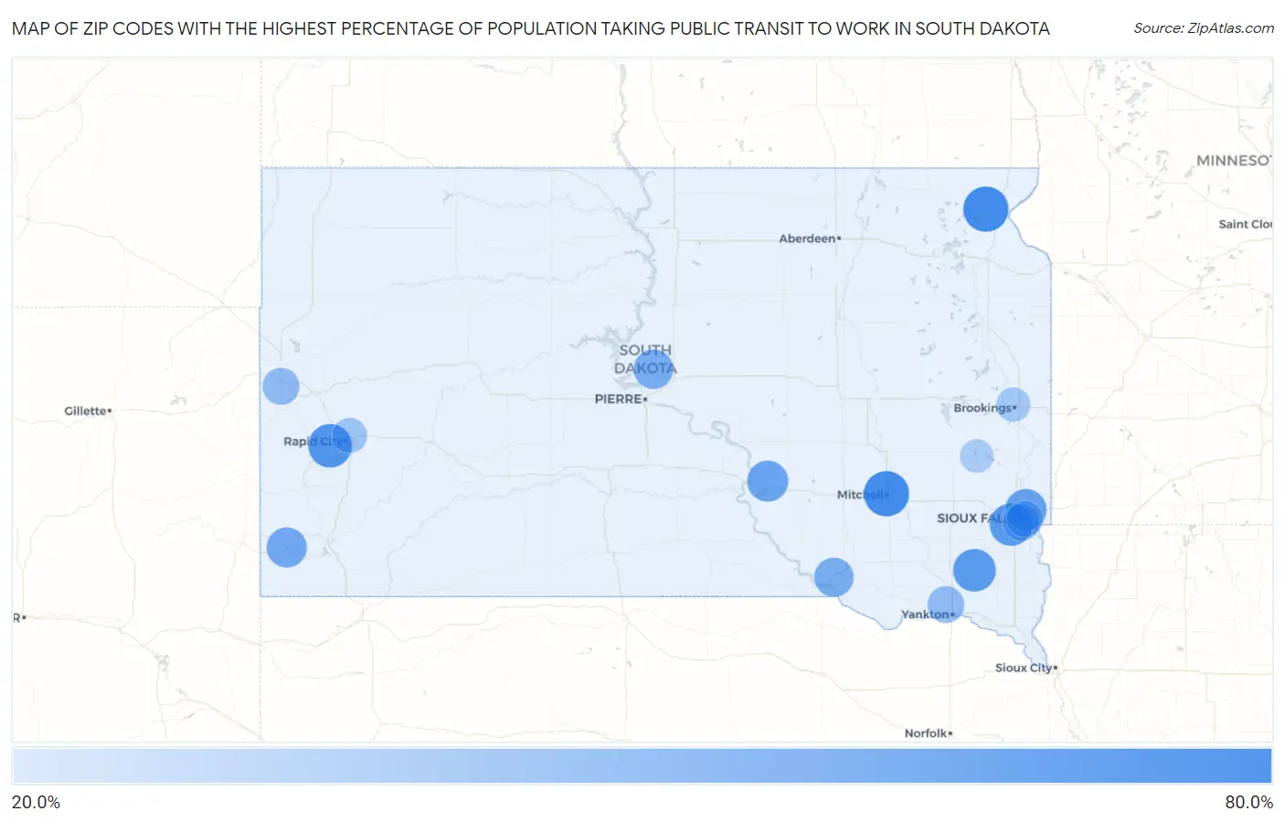 Zip Codes with the Highest Percentage of Population Taking Public Transit to Work in South Dakota Map