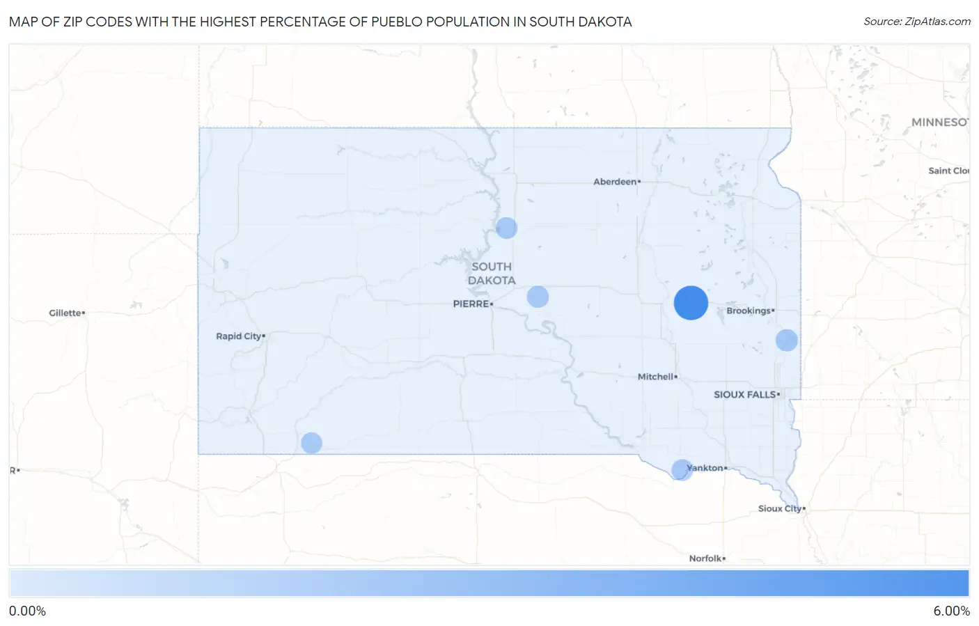 Zip Codes with the Highest Percentage of Pueblo Population in South Dakota Map