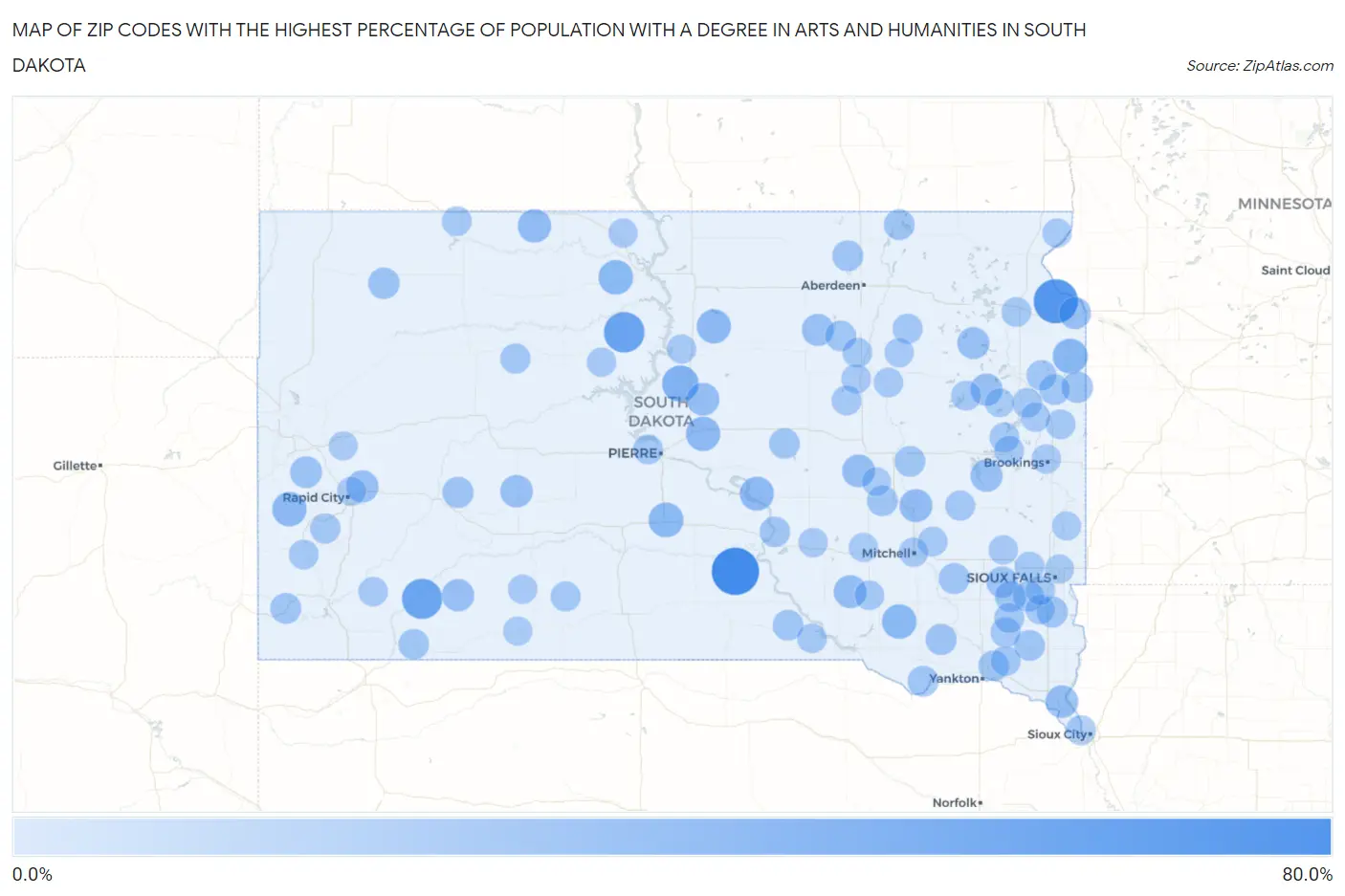 Zip Codes with the Highest Percentage of Population with a Degree in Arts and Humanities in South Dakota Map