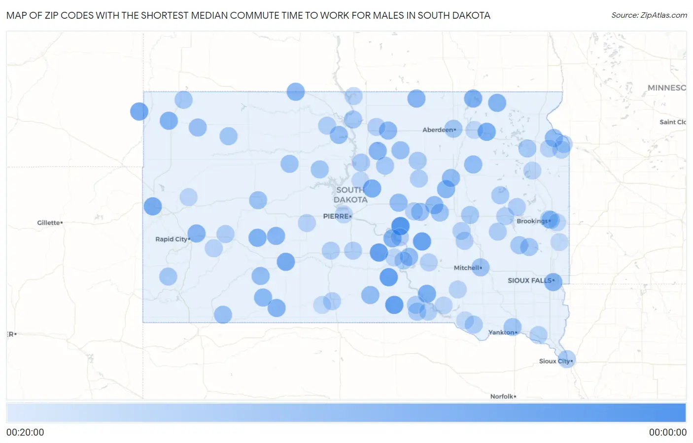 Zip Codes with the Shortest Median Commute Time to Work for Males in South Dakota Map
