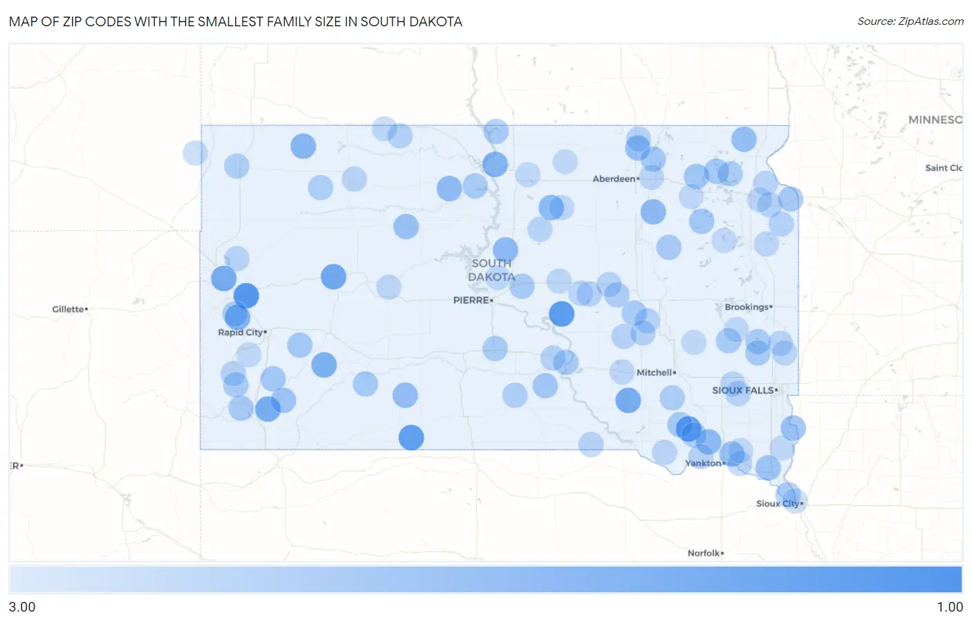 Zip Codes with the Smallest Family Size in South Dakota Map