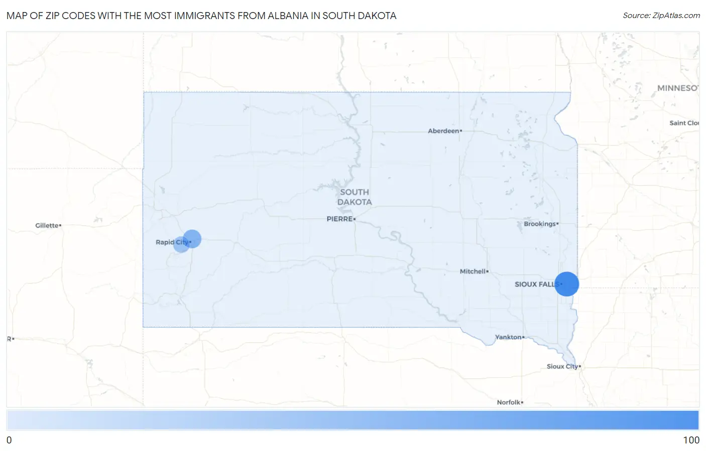 Zip Codes with the Most Immigrants from Albania in South Dakota Map