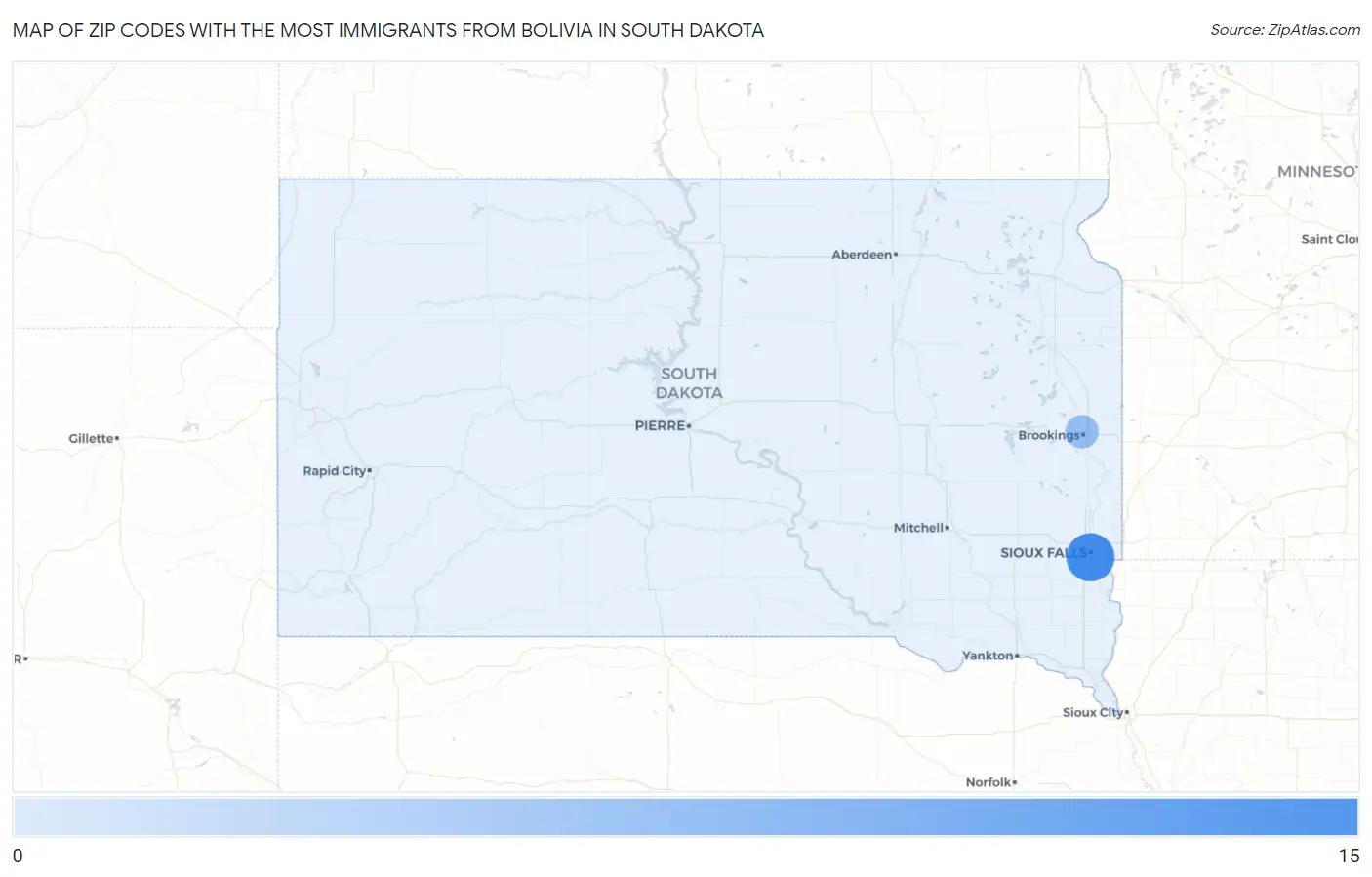 Zip Codes with the Most Immigrants from Bolivia in South Dakota Map