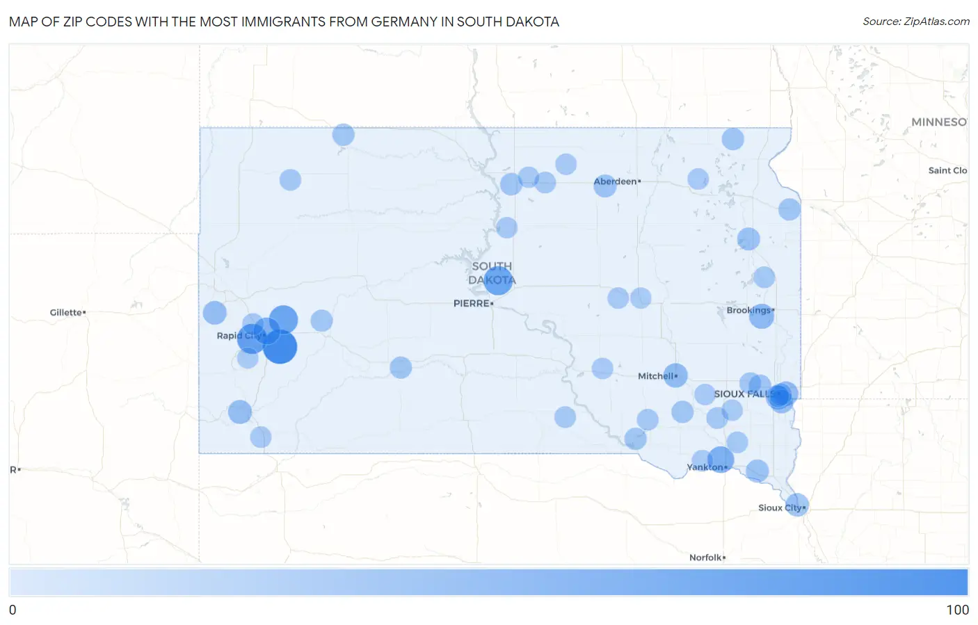 Zip Codes with the Most Immigrants from Germany in South Dakota Map