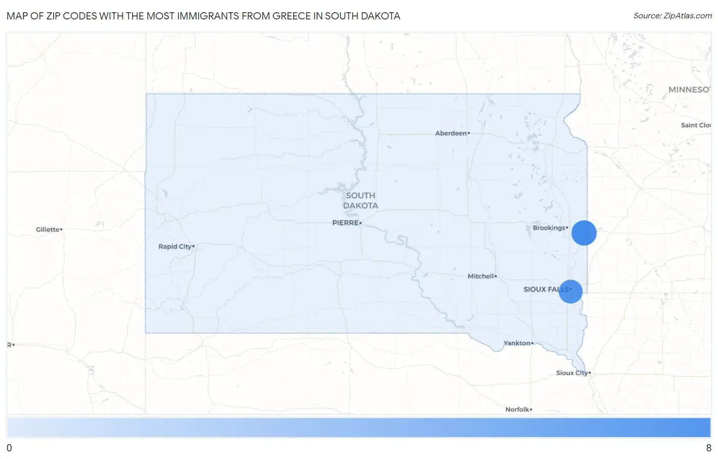 Zip Codes with the Most Immigrants from Greece in South Dakota Map