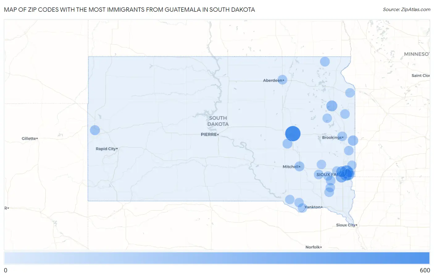 Zip Codes with the Most Immigrants from Guatemala in South Dakota Map