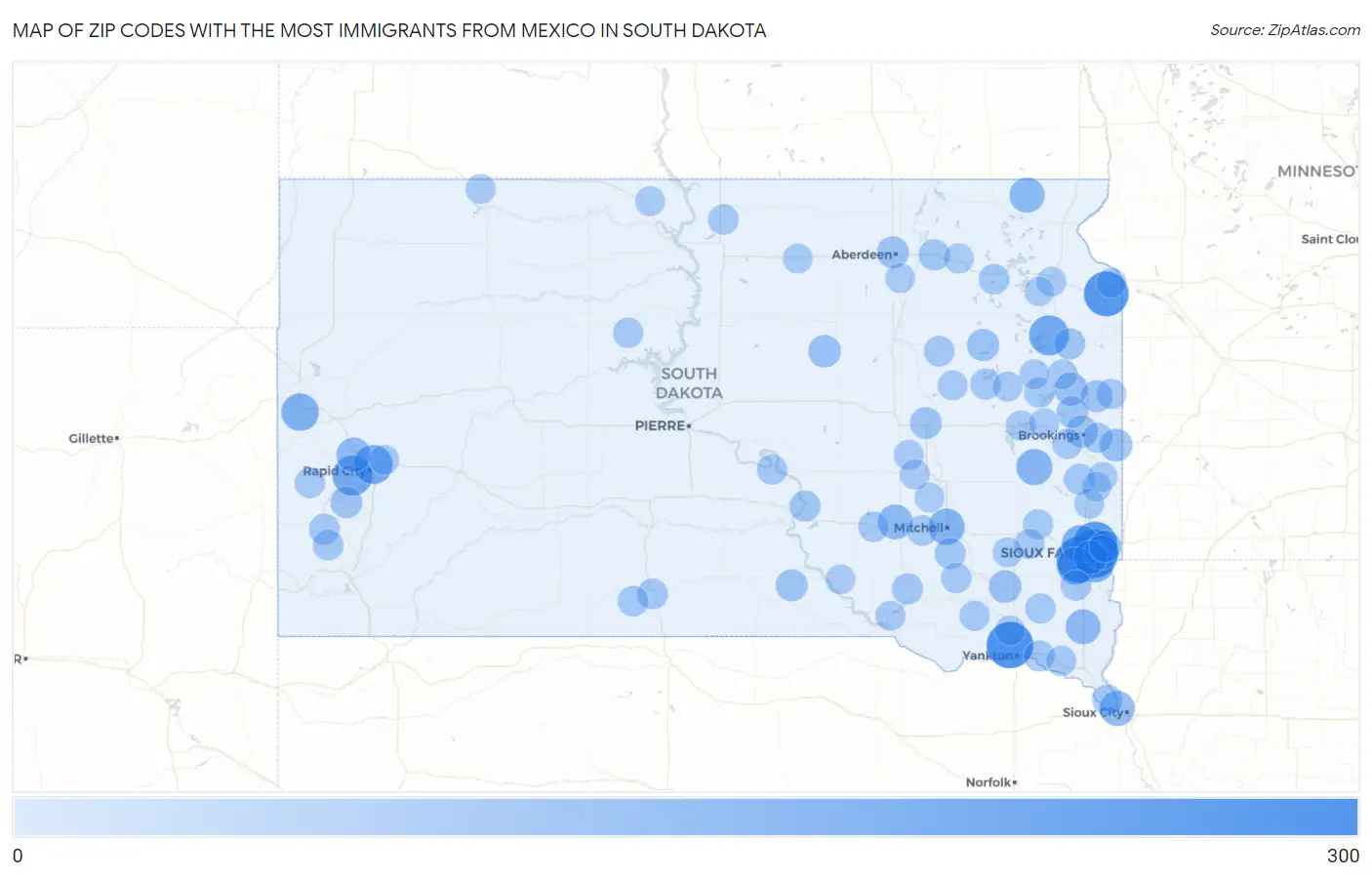 Zip Codes with the Most Immigrants from Mexico in South Dakota Map