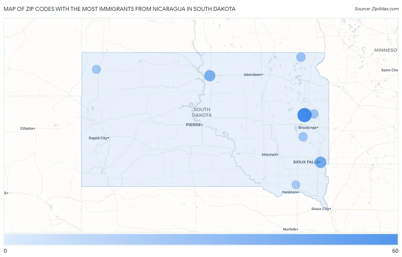 Zip Codes with the Most Immigrants from Nicaragua in South Dakota Map