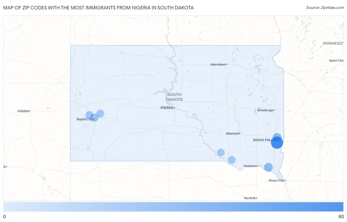 Zip Codes with the Most Immigrants from Nigeria in South Dakota Map