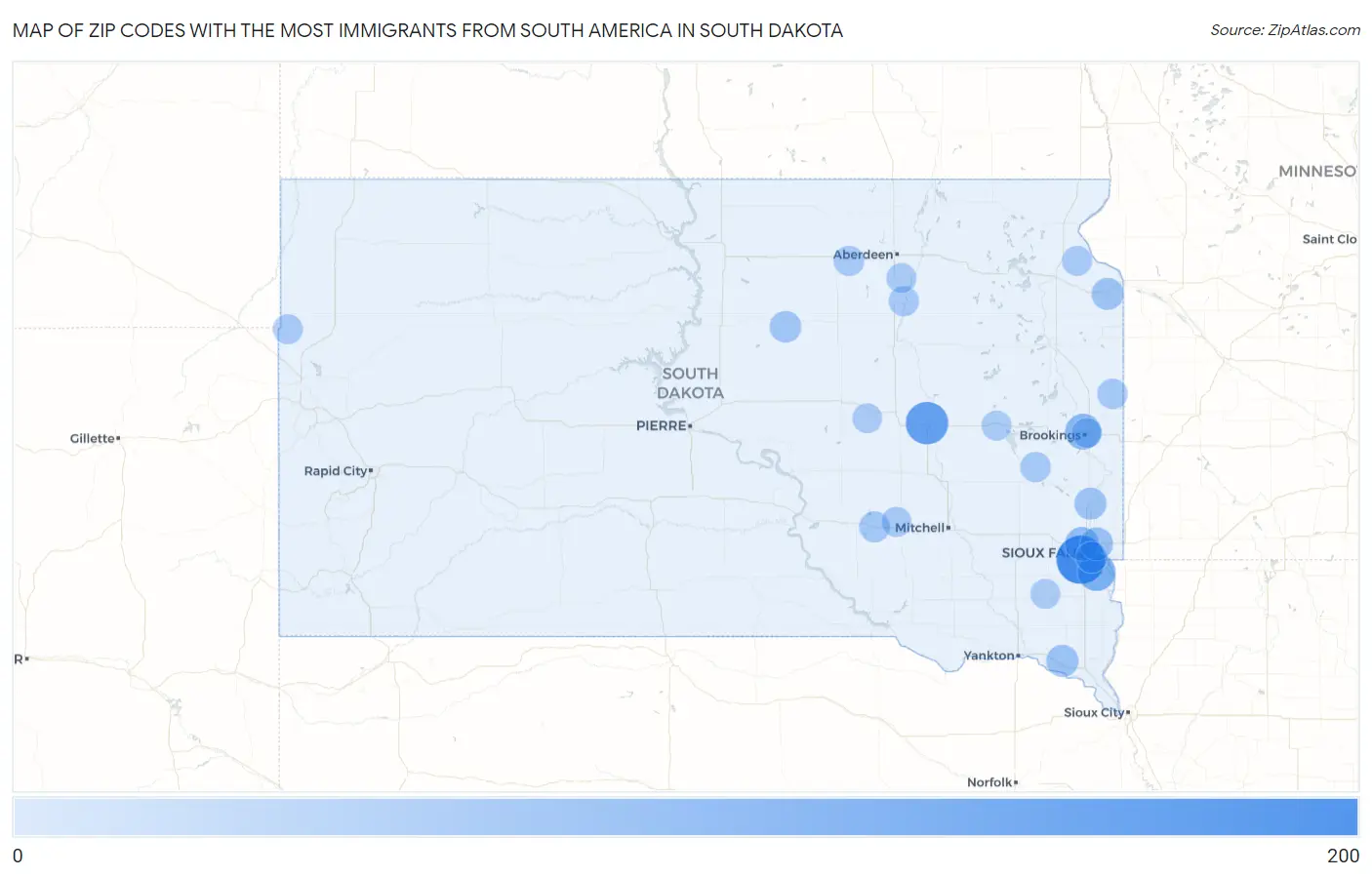 Zip Codes with the Most Immigrants from South America in South Dakota Map