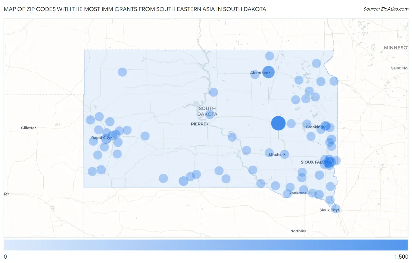 Zip Codes with the Most Immigrants from South Eastern Asia in South Dakota Map