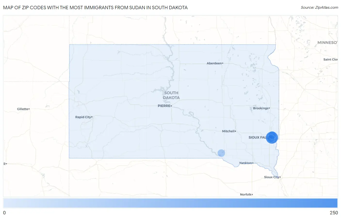 Zip Codes with the Most Immigrants from Sudan in South Dakota Map