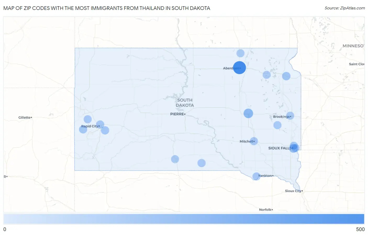 Zip Codes with the Most Immigrants from Thailand in South Dakota Map