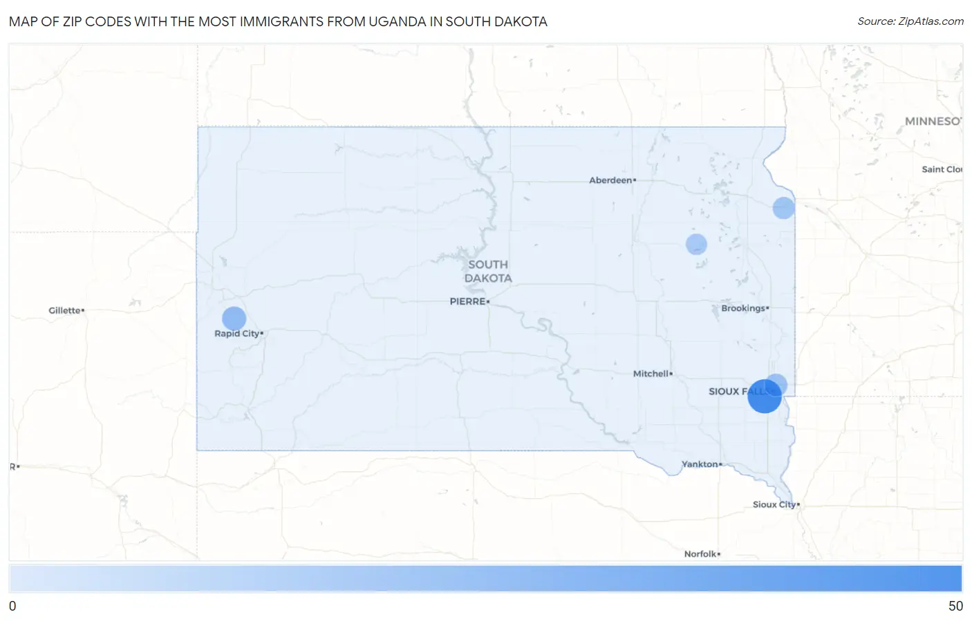 Zip Codes with the Most Immigrants from Uganda in South Dakota Map