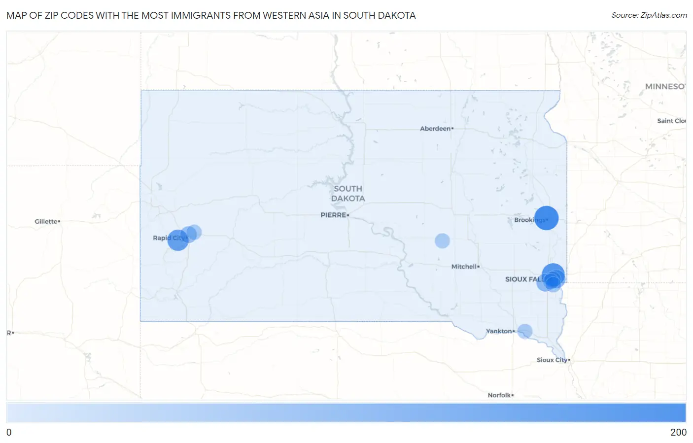 Zip Codes with the Most Immigrants from Western Asia in South Dakota Map