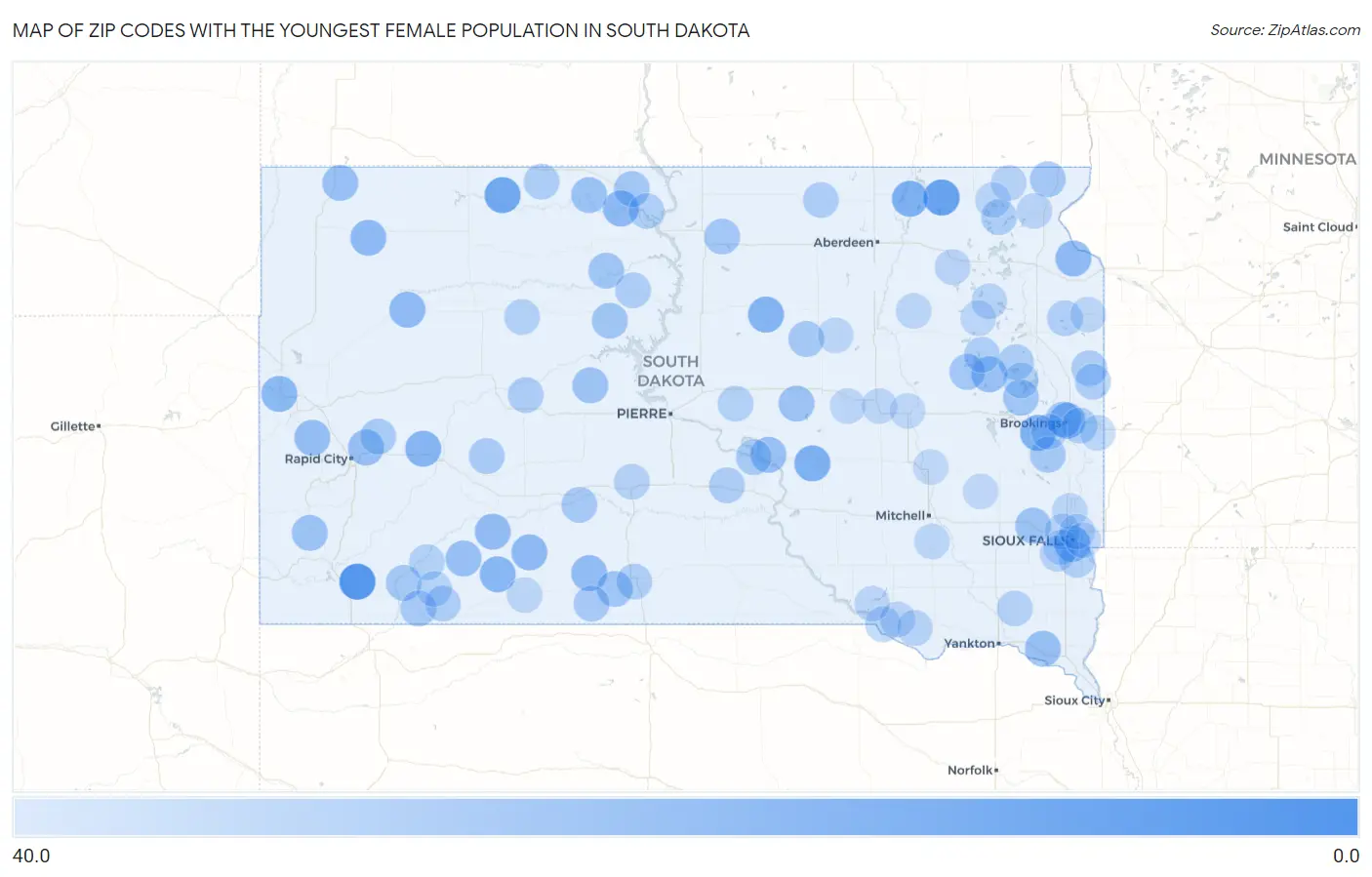 Zip Codes with the Youngest Female Population in South Dakota Map