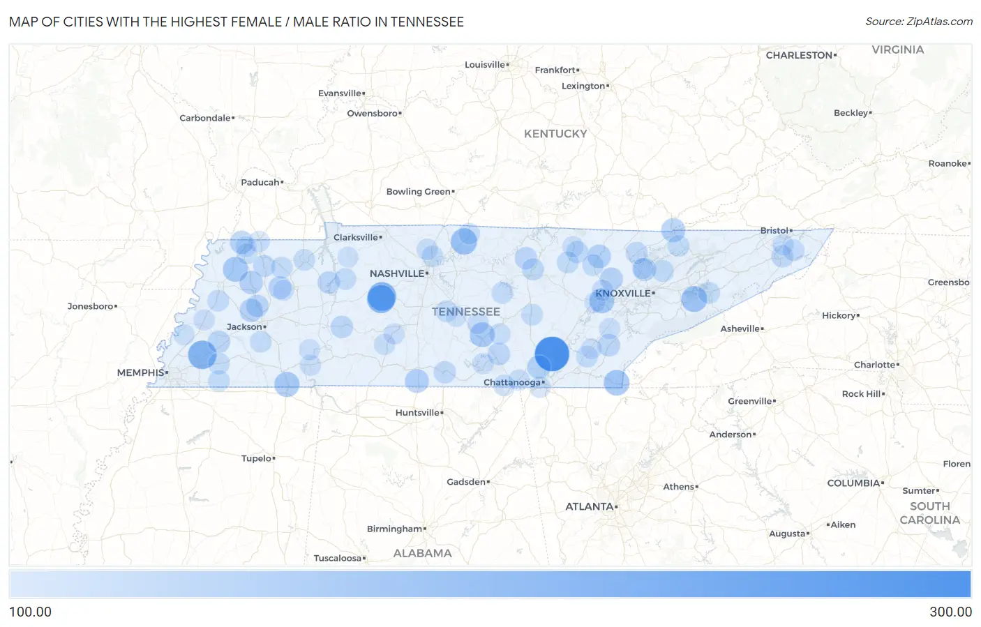 Cities with the Highest Female / Male Ratio in Tennessee Map