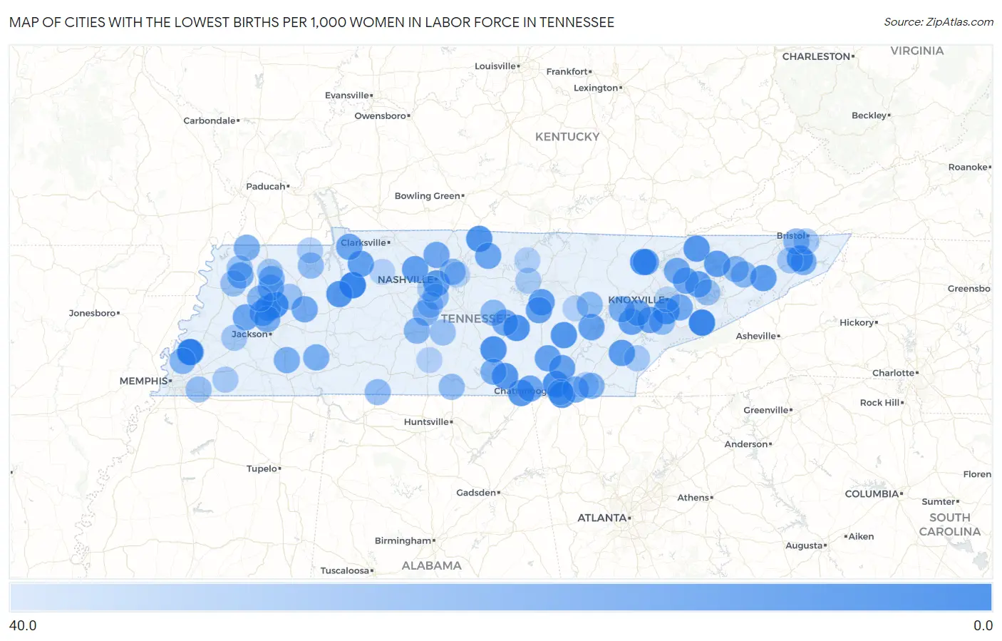 Cities with the Lowest Births per 1,000 Women in Labor Force in Tennessee Map