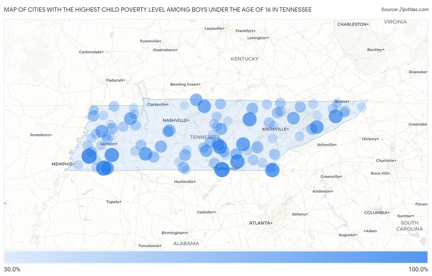 Cities with the Highest Child Poverty Level Among Boys Under the Age of 16 in Tennessee Map