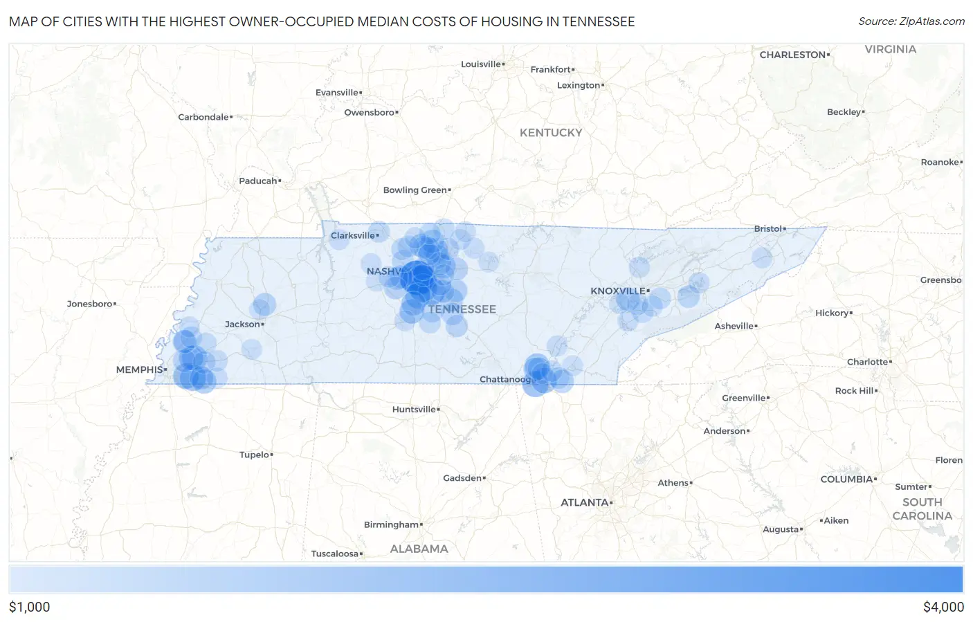 Cities with the Highest Owner-Occupied Median Costs of Housing in Tennessee Map