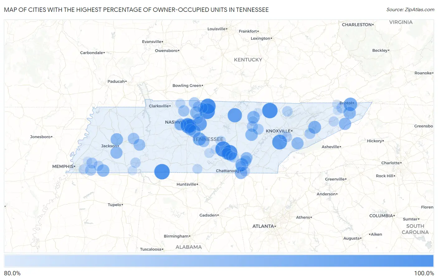 Cities with the Highest Percentage of Owner-Occupied Units in Tennessee Map
