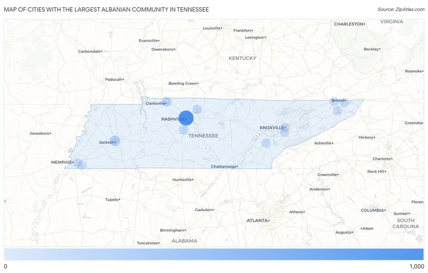 Cities with the Largest Albanian Community in Tennessee Map