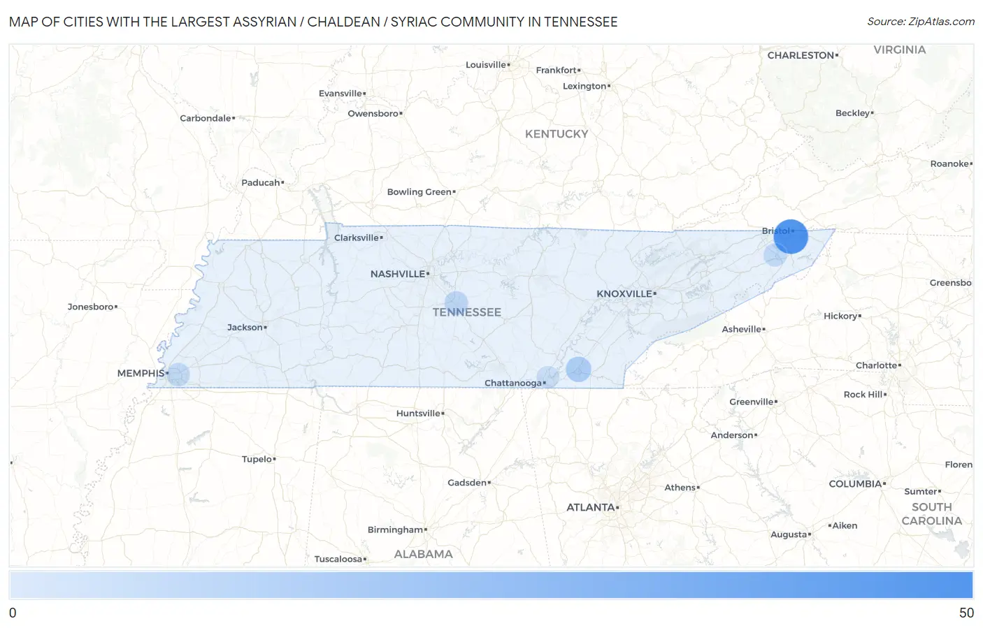 Cities with the Largest Assyrian / Chaldean / Syriac Community in Tennessee Map