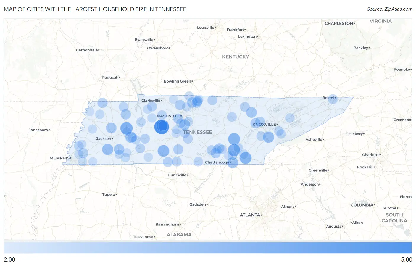 Cities with the Largest Household Size in Tennessee Map