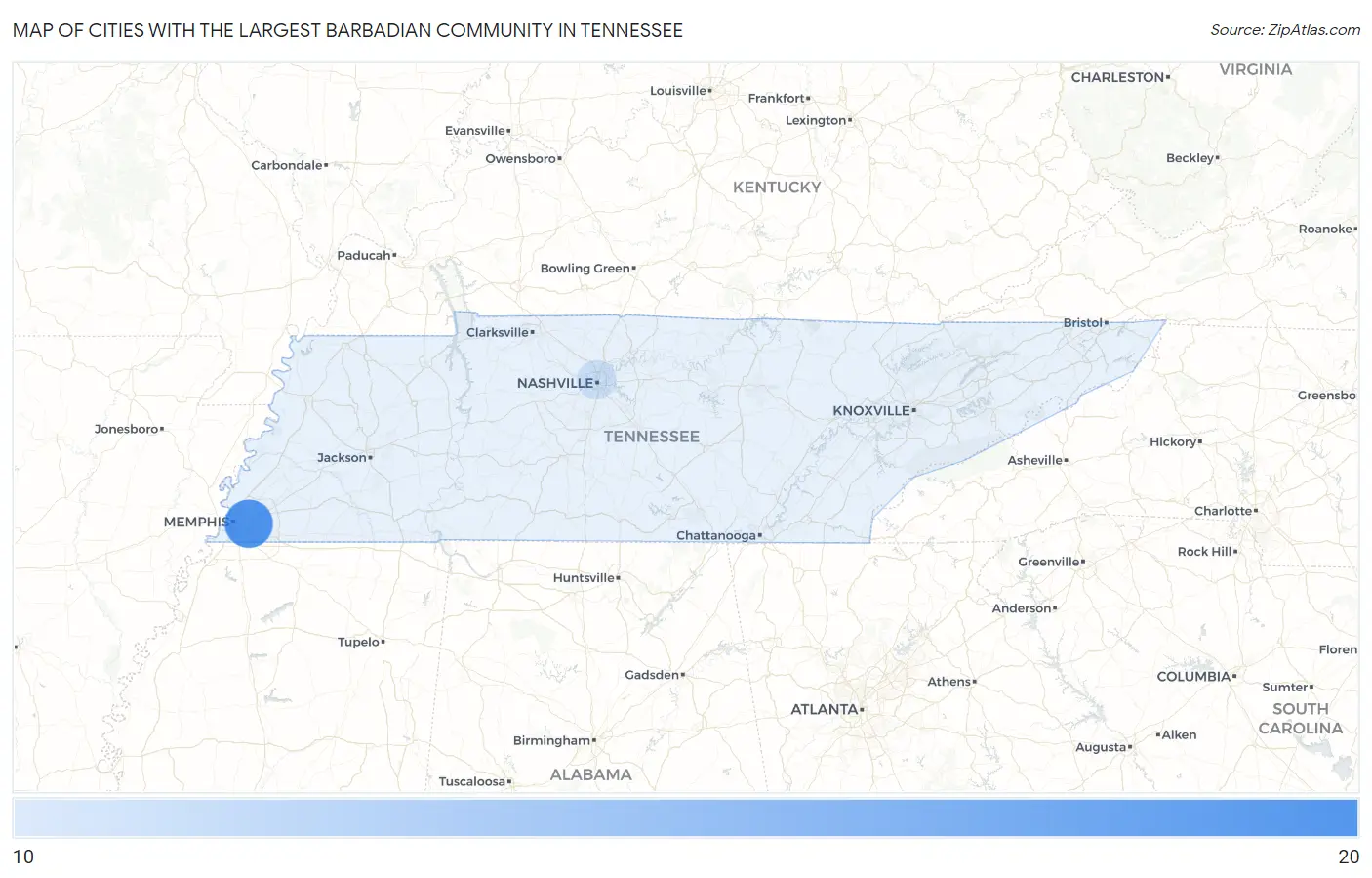 Cities with the Largest Barbadian Community in Tennessee Map