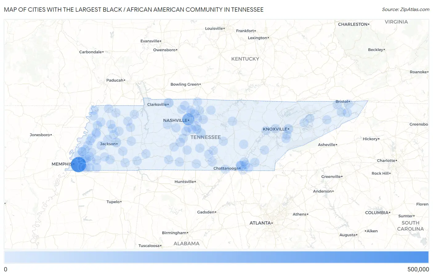 Cities with the Largest Black / African American Community in Tennessee Map