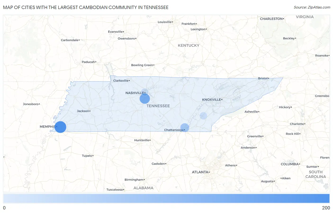 Cities with the Largest Cambodian Community in Tennessee Map