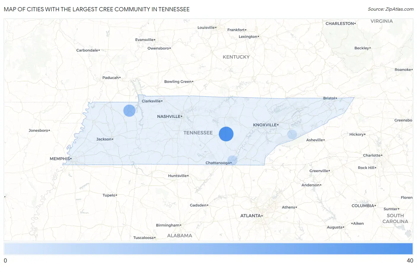 Cities with the Largest Cree Community in Tennessee Map