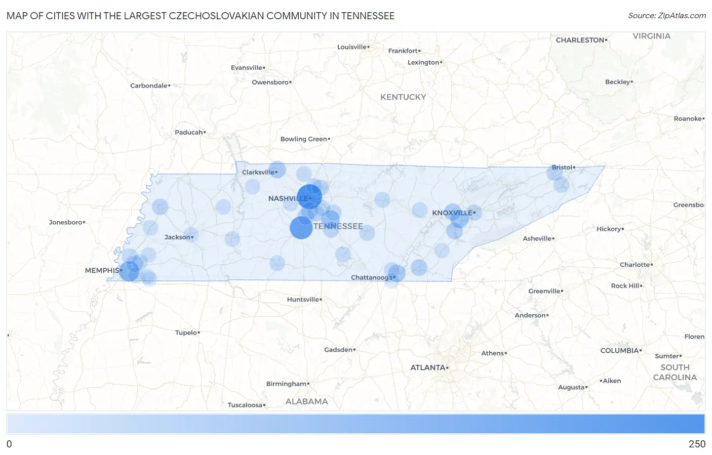 Cities with the Largest Czechoslovakian Community in Tennessee Map
