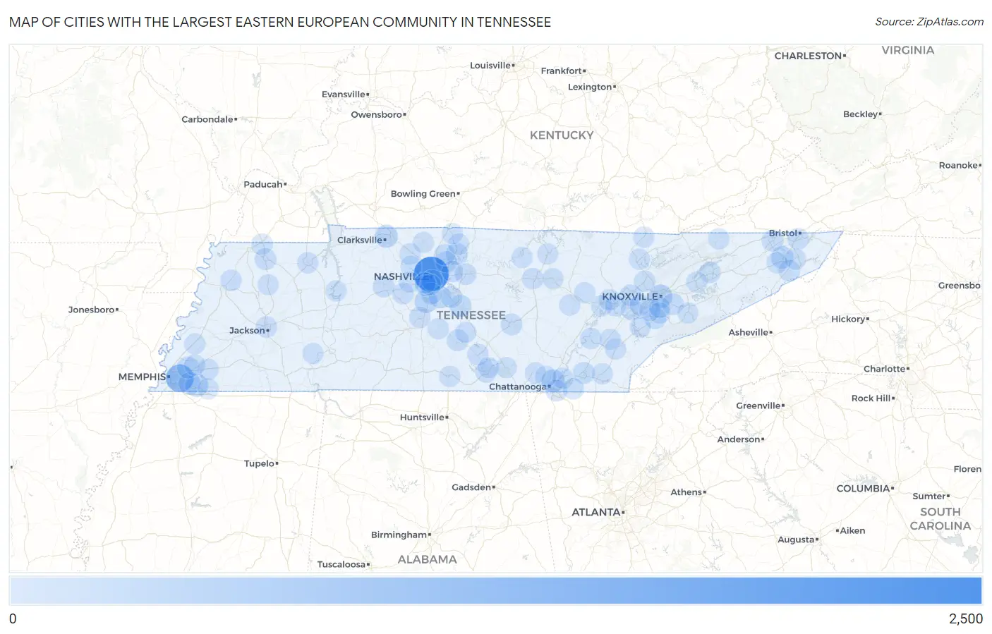 Cities with the Largest Eastern European Community in Tennessee Map