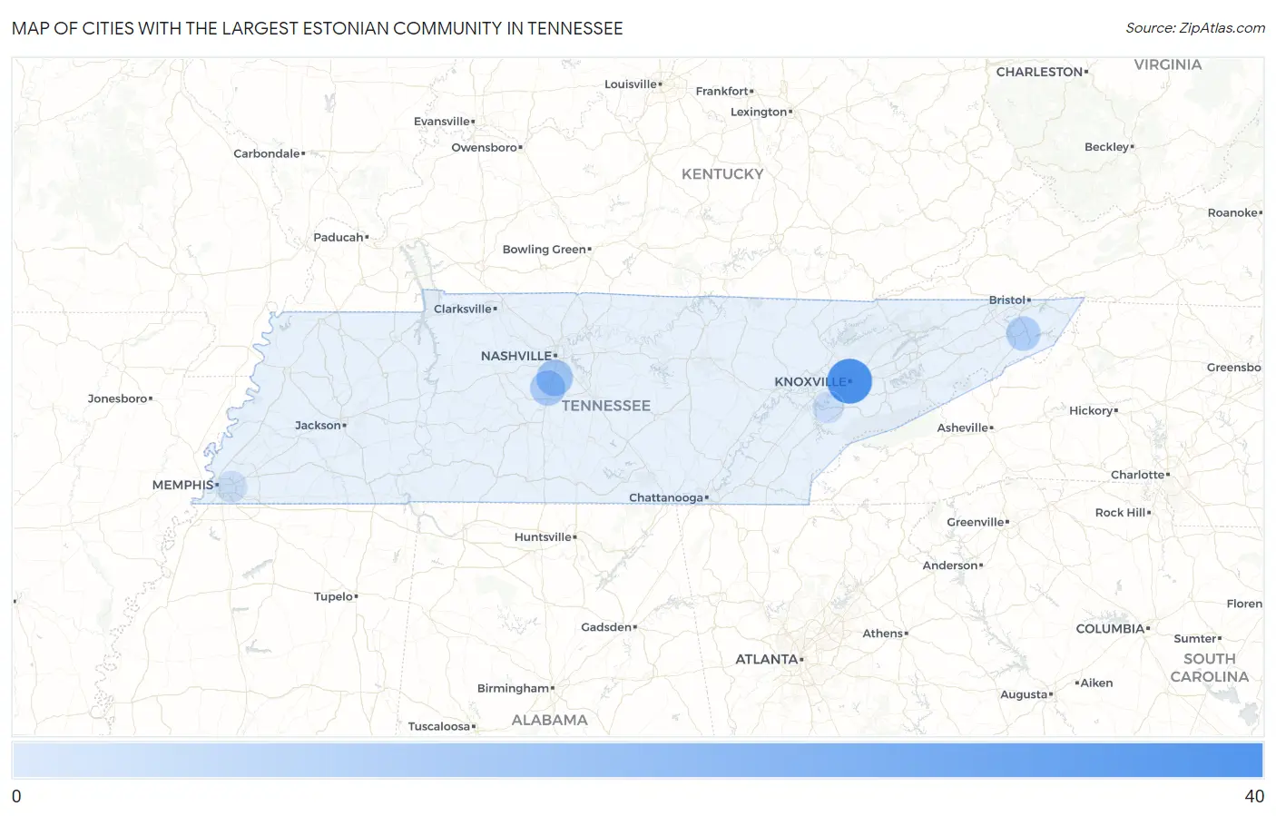 Cities with the Largest Estonian Community in Tennessee Map