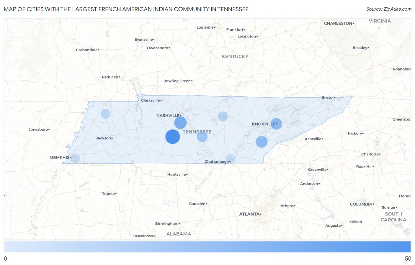 Cities with the Largest French American Indian Community in Tennessee Map