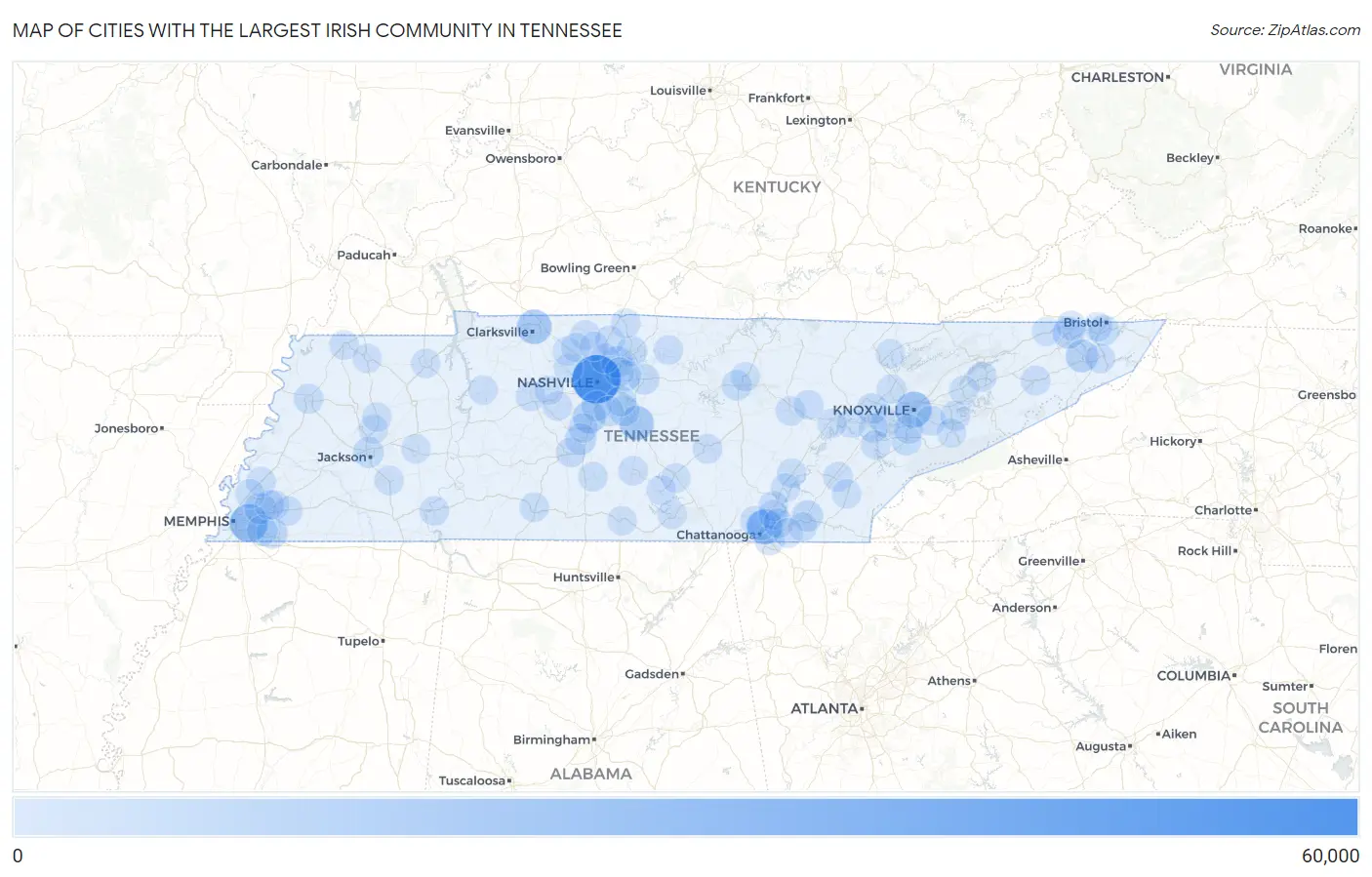 Cities with the Largest Irish Community in Tennessee Map