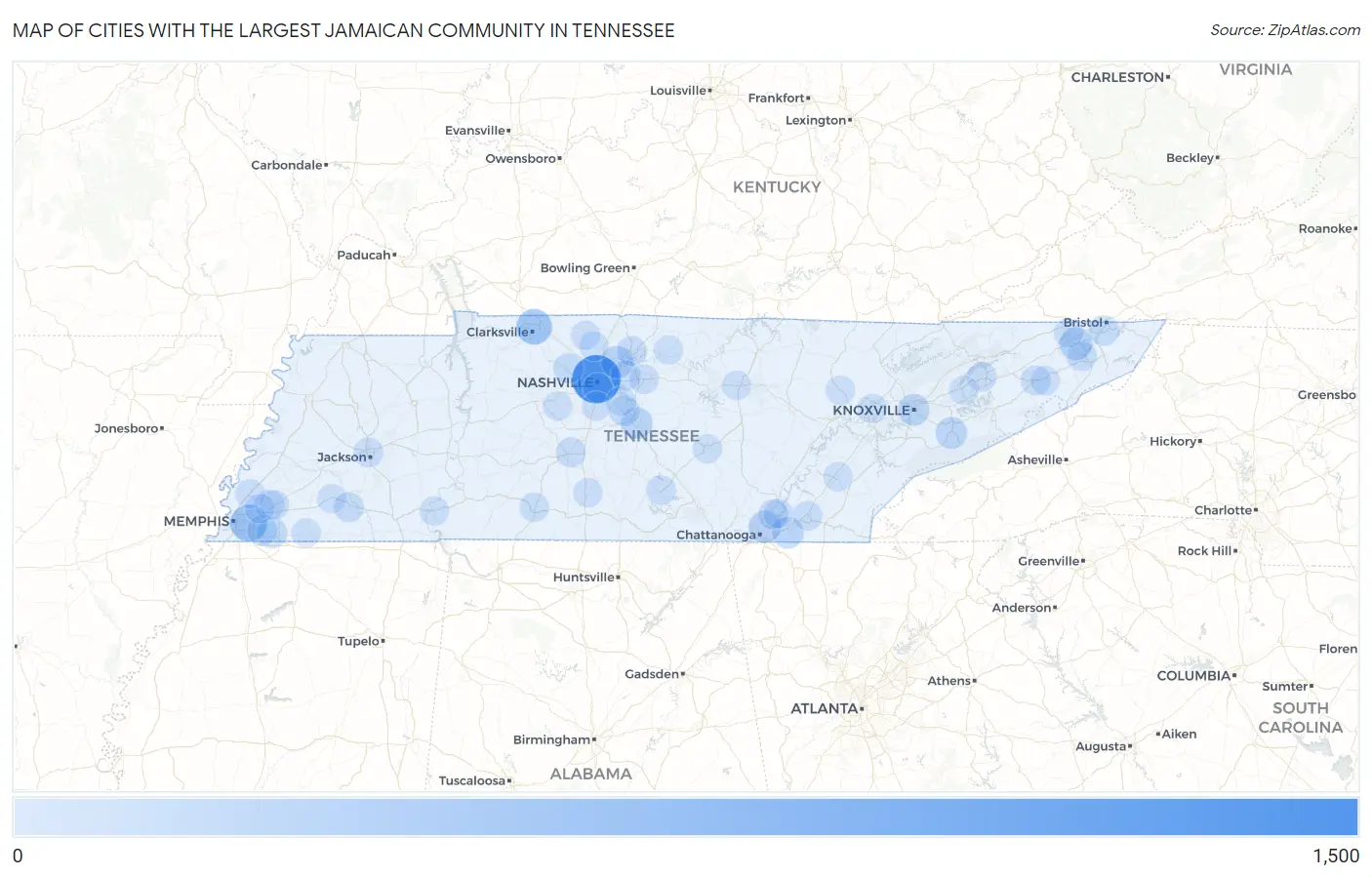 Cities with the Largest Jamaican Community in Tennessee Map