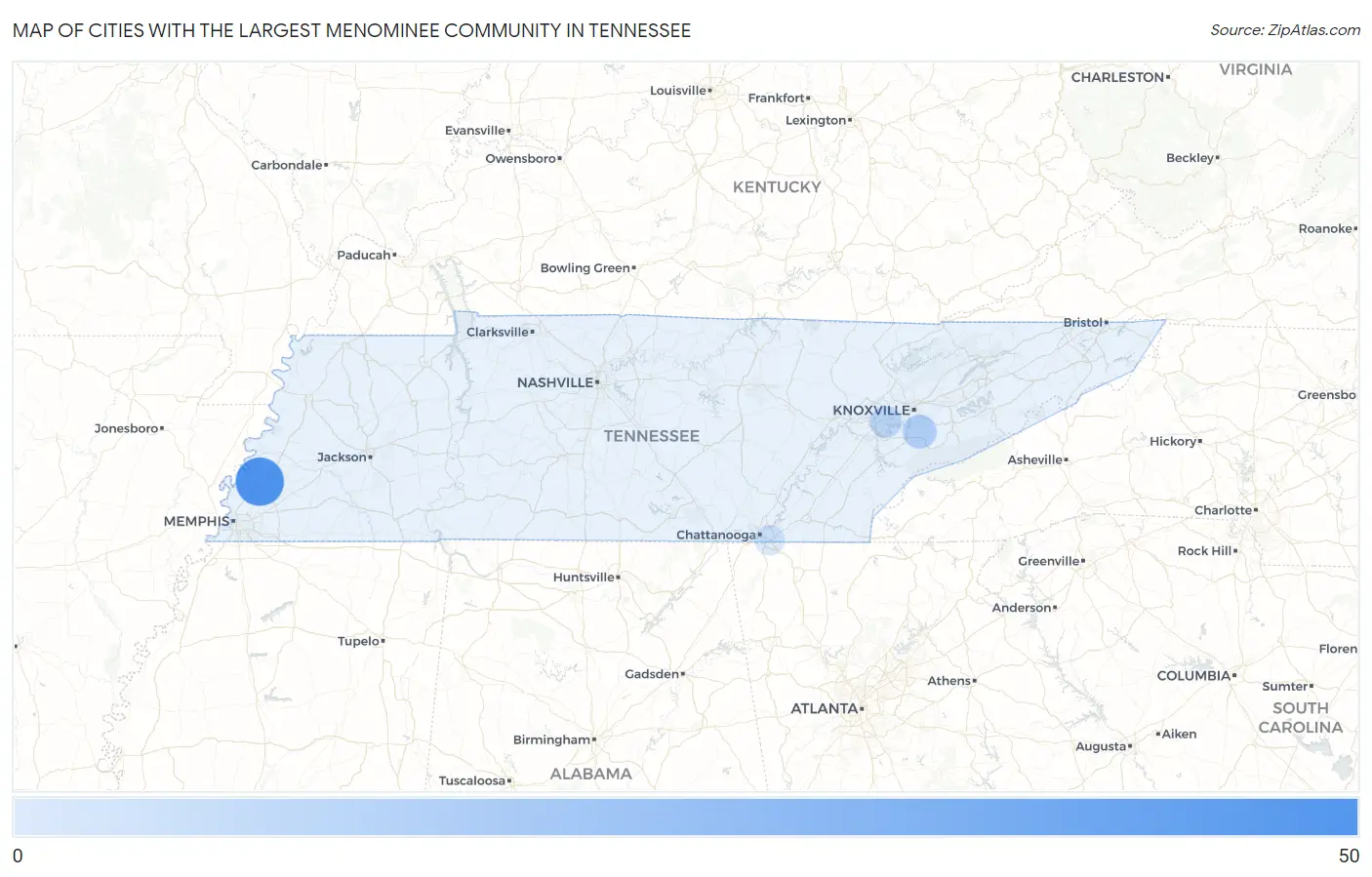 Cities with the Largest Menominee Community in Tennessee Map