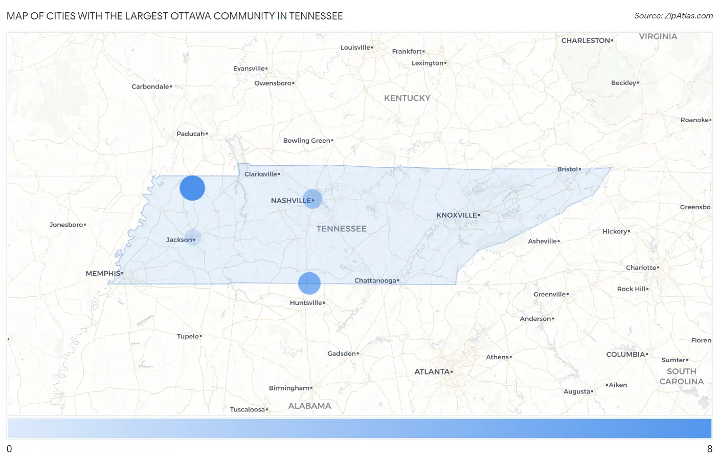 Cities with the Largest Ottawa Community in Tennessee Map