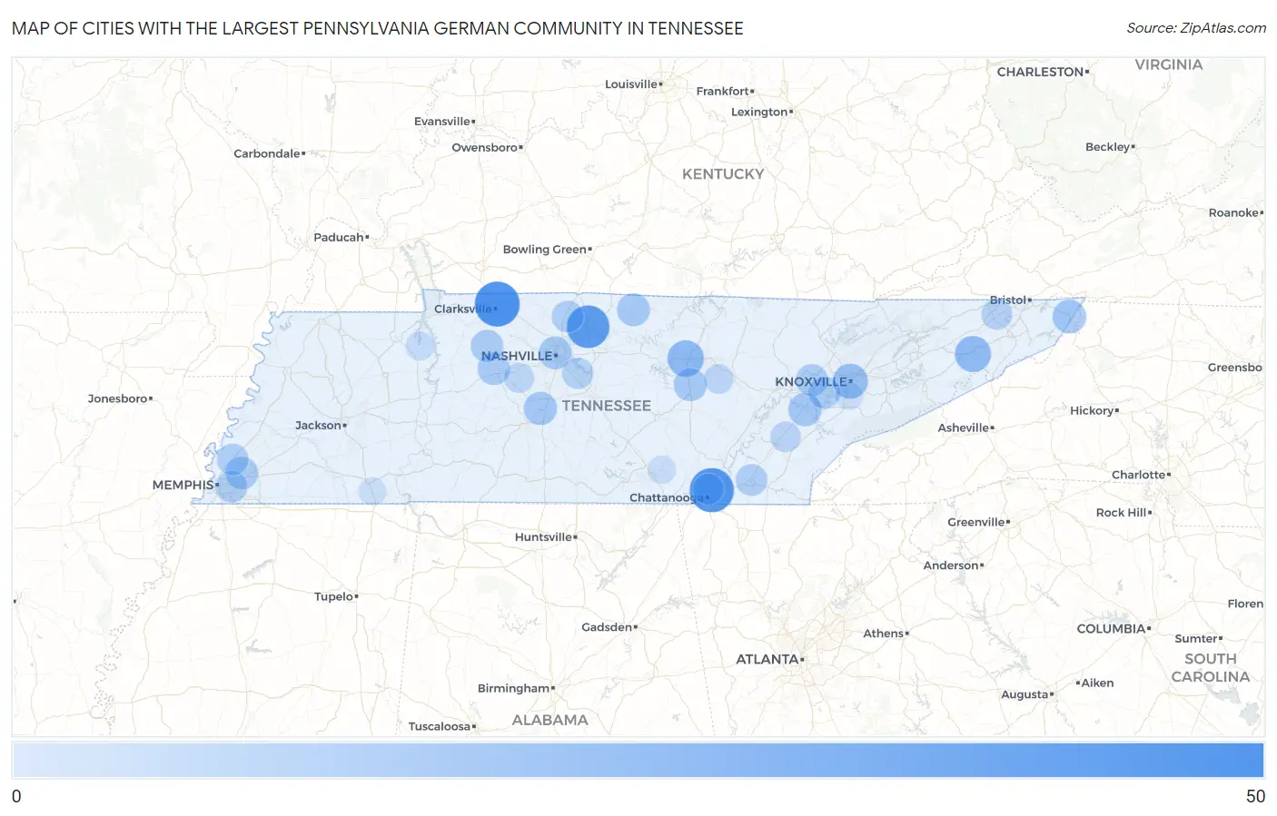 Cities with the Largest Pennsylvania German Community in Tennessee Map