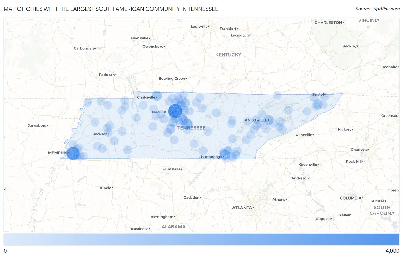 Cities with the Largest South American Community in Tennessee Map