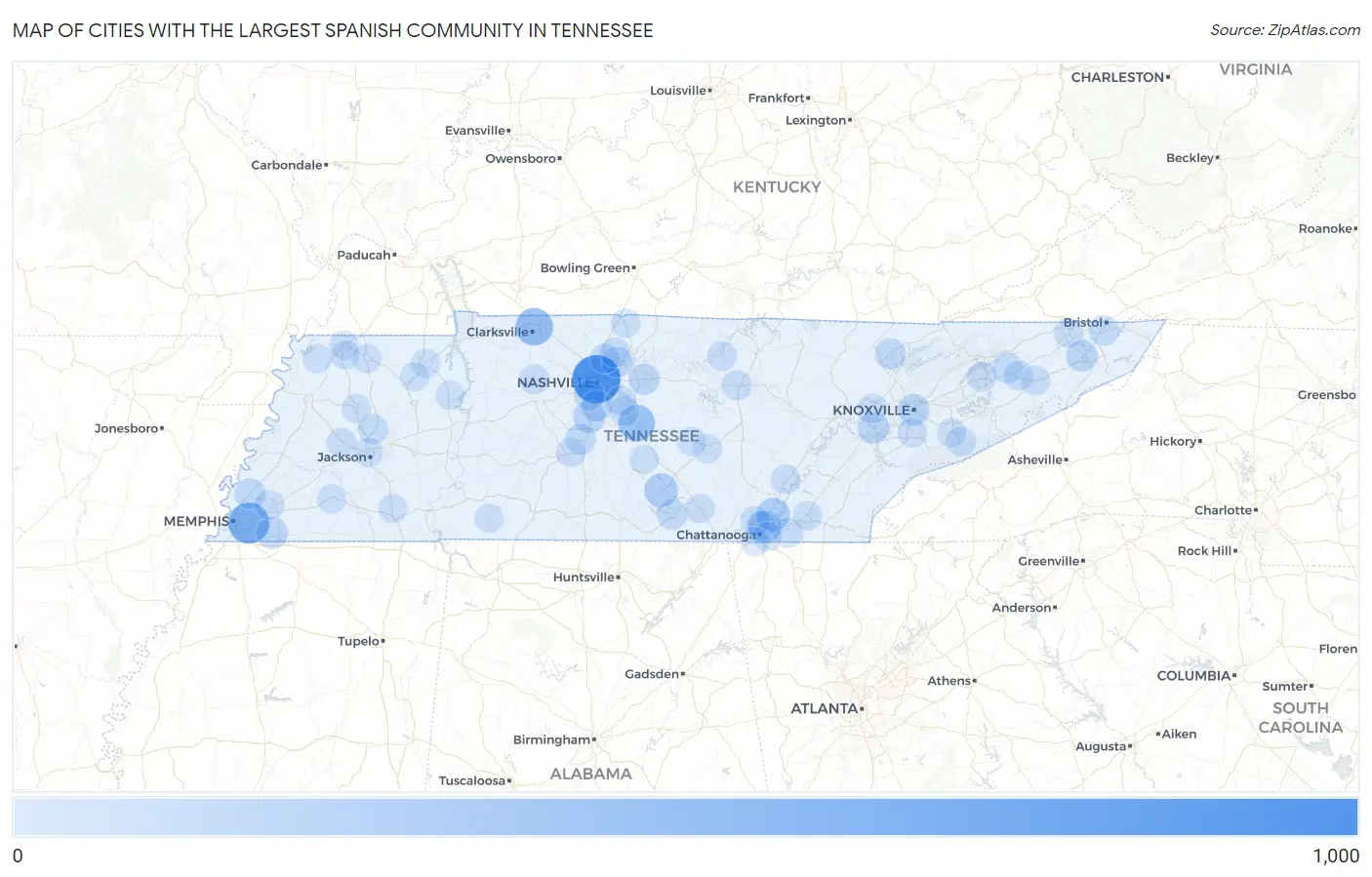 Cities with the Largest Spanish Community in Tennessee Map