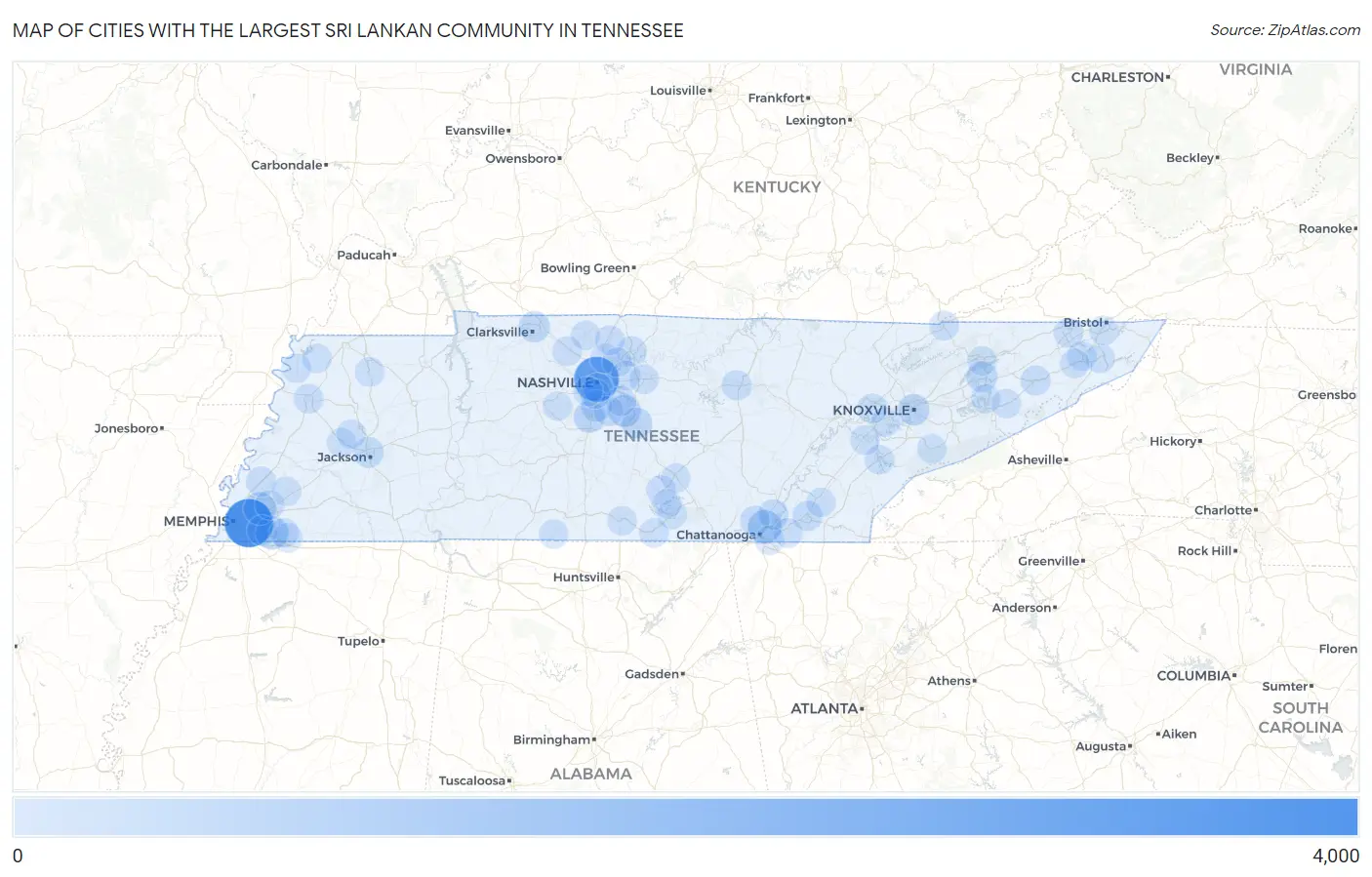 Cities with the Largest Sri Lankan Community in Tennessee Map